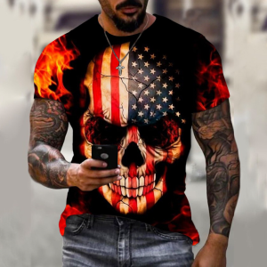 Flag Skull Digital Printing Short Sleeve 3D Printing Men Short Sleeve T-shirt