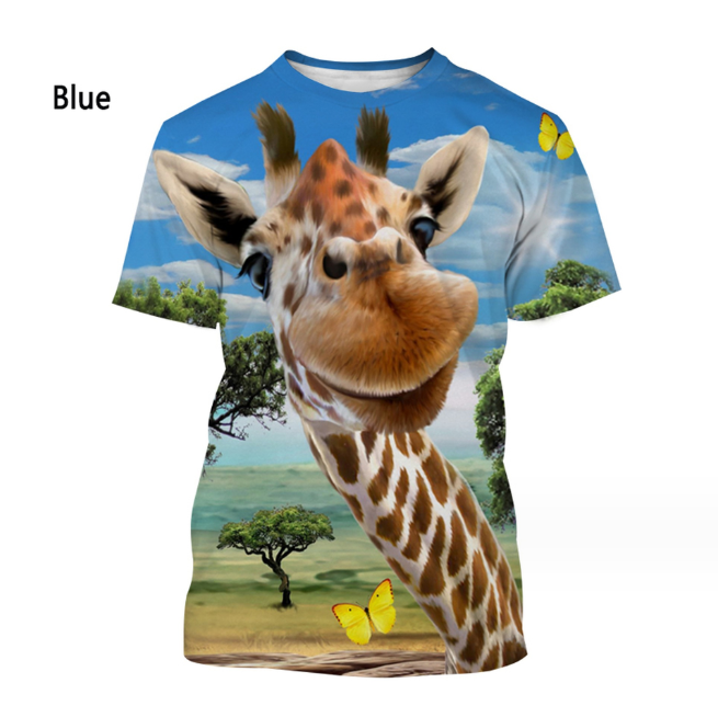 (Blue Big Giraffe)3d Printing Short Sleeve Pattern Plus Size Hip-hop Style Short-sleeved T-shirt