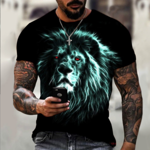 Green Flame Lion T-shirt 3D Digital Printing Round Neck Short Sleeve Cotton