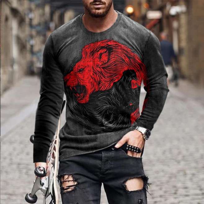 Proper Price Men's Red Lion Print Simple Men's Long Sleeve T-shirt