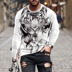 Proper Price Men's White Tiger Head Print Simple Men's Long Sleeve T-shirt