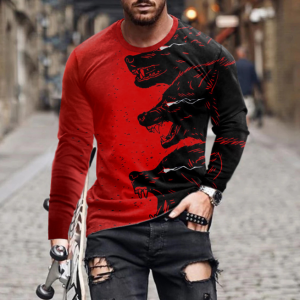 Red Men's Wild Wolf Print Simple Men's Long Sleeve T-shirt