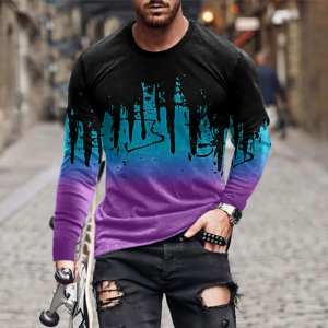 Men’s T-shirt Crew Neck Landscape Paintings Print Long Sleeve Running Short Sleeve(blue and purple)