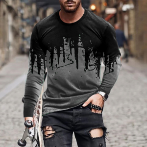 Men’s T-shirt Crew Neck Landscape Paintings Print Long Sleeve Running Short Sleeve(grey and black)