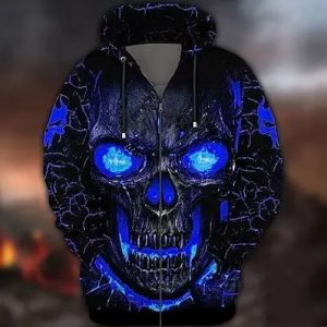 Men's Full Zip Hoodie Jacket Black Blue Hooded Skull Graphic Prints Zipper Print Sports