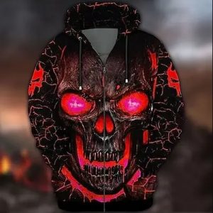 Men’s Full Zip Hoodie Jacket Black Red Hooded Skull Graphic Prints Zipper Print Sports