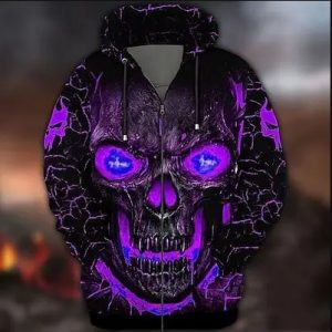 Men’s Full Zip Hoodie Jacket Black Purple Hooded Skull Graphic Prints Zipper Print Sports