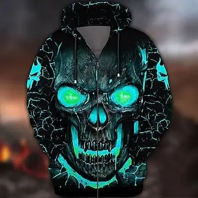 Men’s Full Zip Hoodie Jacket blackish green Hooded Skull Graphic Prints Zipper Print Sports