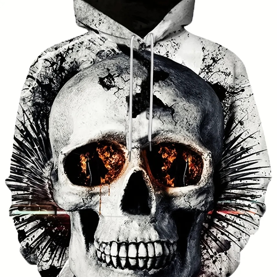 Men's Casual Grey 3D Printing "Skull" Graphic Print Hoodies, Drawstring Comfortable Oversized Hooded Pullover Sweatshirt Plus Size