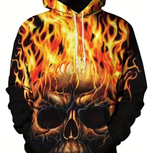 Men's Casual Grey 3D Printing "Skull" Graphic Print Zipper Hoodies, Drawstring Comfortable Oversized Hooded Pullover Sweatshirt