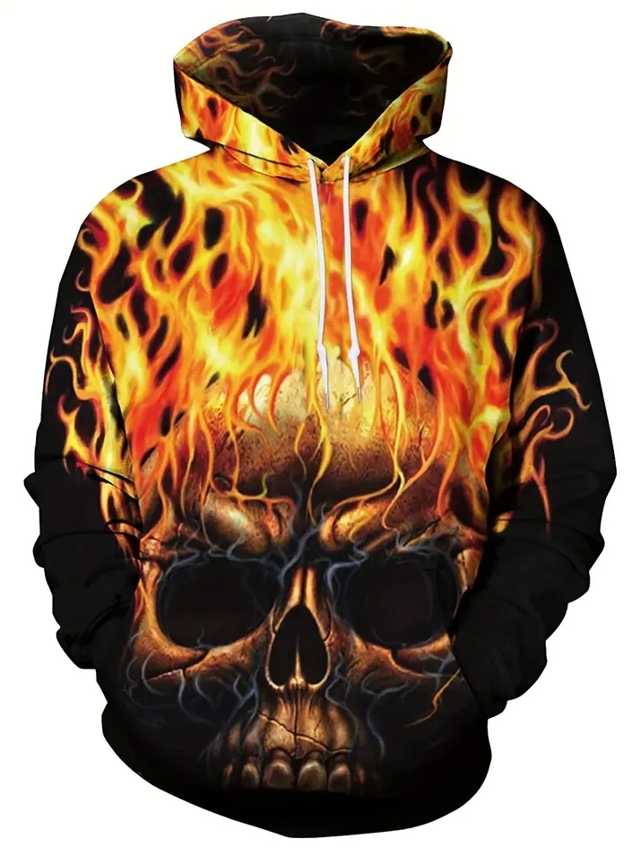 Men's Casual Grey 3D Printing "Skull" Graphic Print Zipper Hoodies, Drawstring Comfortable Oversized Hooded Pullover Sweatshirt