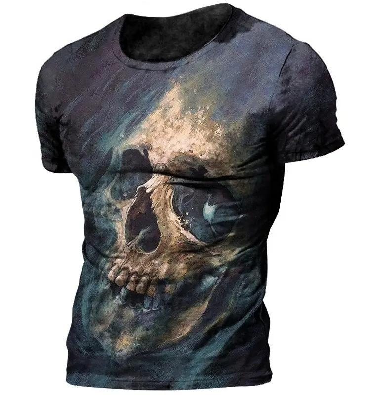 Skull Short Sleeve Mens Clothing Hip Hop Printed Male O-Neck