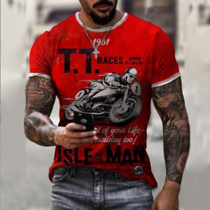 Fashion loose fitting men's T-shirt with European and American motorcycle printing short sleeves