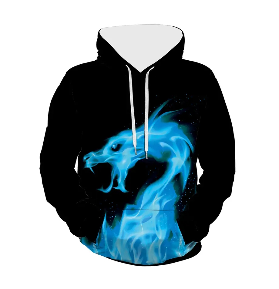 Men Clothing Fashion Clothing Sweatshirts Hoodies Pullover Clothes For Men(Blue dragon Pattern)