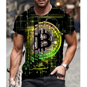 Street Trendy Graphic T shirt For Men Short Sleeve Round Neck Korean Fashion(Green Bitcoin Pattern)