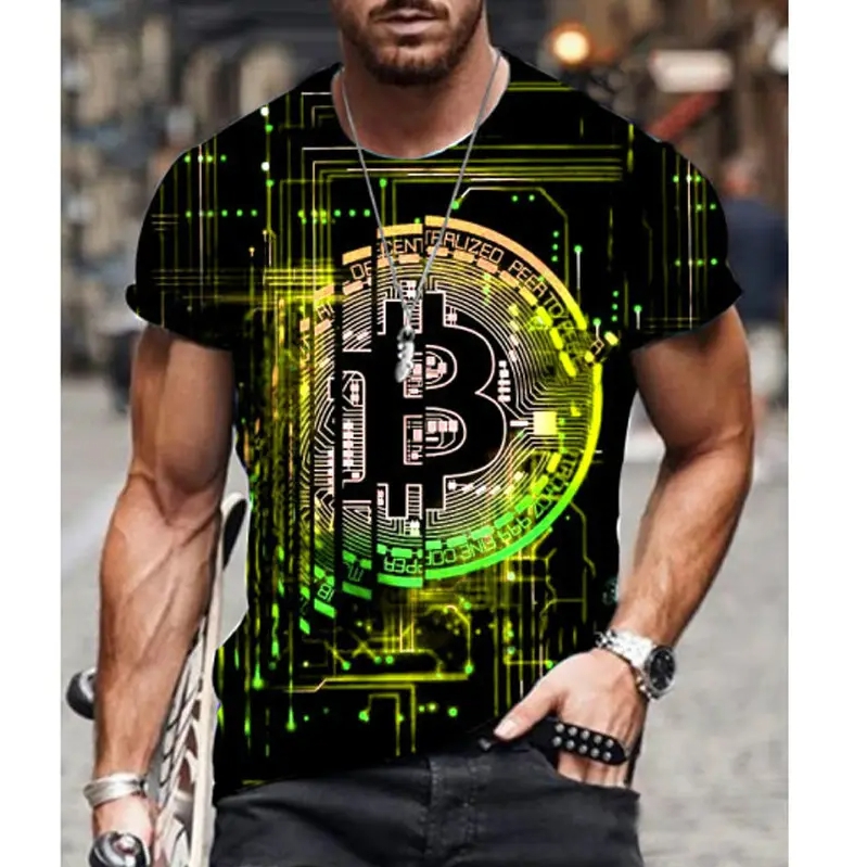 Street Trendy Graphic T shirt For Men Short Sleeve Round Neck Korean Fashion(Green Bitcoin Pattern)