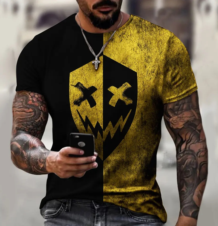 (Yellow and Black)Street Trendy Graphic T shirt For Men Short Sleeve Round Neck Korean Fashion