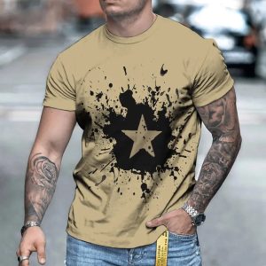 3D Printing Men’s Casual Short Sleeve Round Neck Colorful Jerseys(Olive Five Point Star)