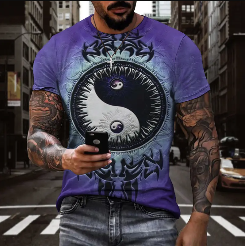 Men's Short Sleeve Motorcycle Graphic 3d Print T-shirts Retro Style(Blue Tai Chi Eight Trigrams)