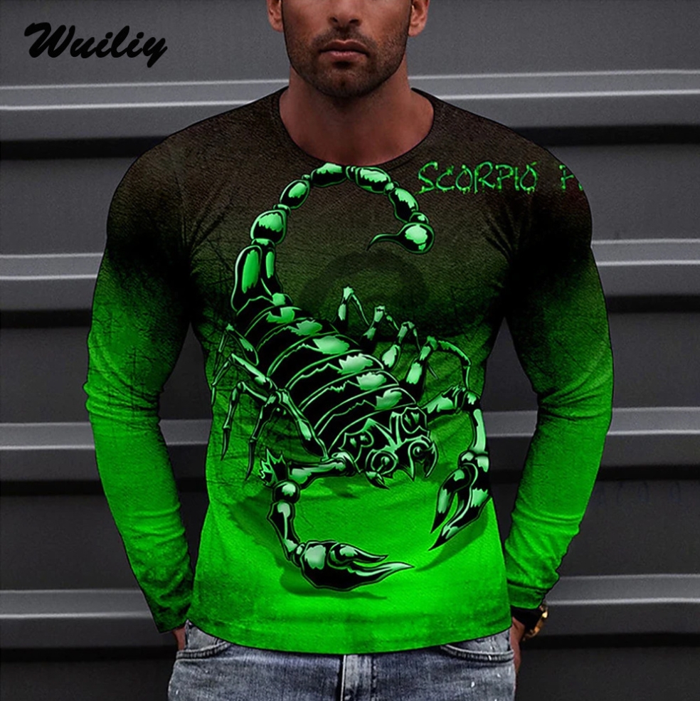 New fashion print long sleeve t-shirt men crewneck pullover t-shirt(Green)