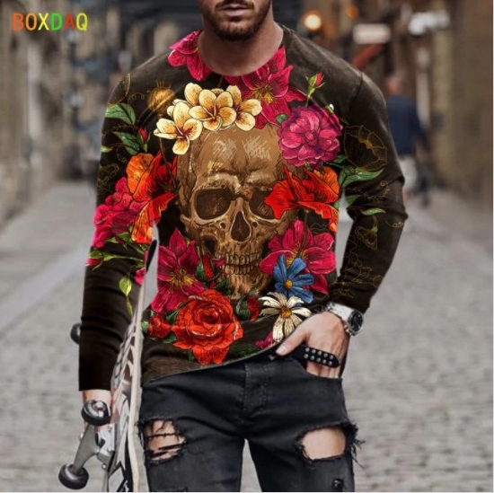 Mens Long T Shirts Oversized Clothes Vintage Fashion Hip-hop Street Style Long Sleeve(Skull)