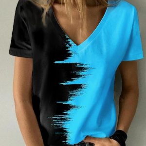 new style burnt flower personalized loose V-neck short sleeve T-shirt women(Blue)