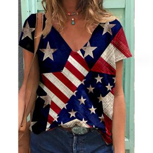 new style burnt flower personalized loose V-neck short sleeve T-shirt women(American Flag)