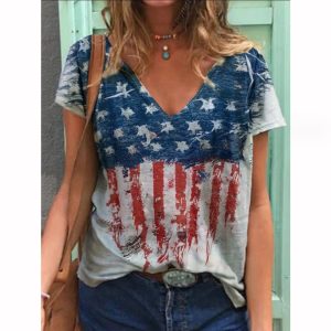 Women V-neck Casual T-shirt Customized Latest Design Women Casual Streetwear(American Flag)