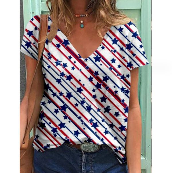 Casual Tees Tops V Neck Loose Women Short Sleeve(Star Flag)