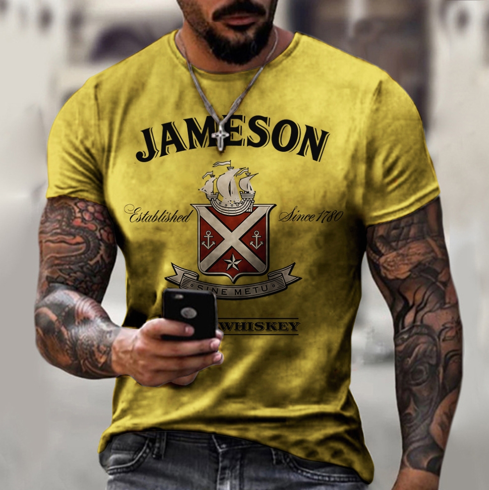 3D Digital T-shirt Printed with James Irish Whiskey Short Sleeve (Yellow)