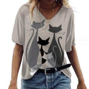 Casual Tees Tops V Neck Loose Women Short Sleeve(Three Cat)