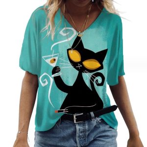 Casual Tees Tops V Neck Loose Women Short Sleeve(Green Cat)