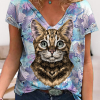 Casual Tees Tops V Neck Loose Women Short Sleeve(White Cat)