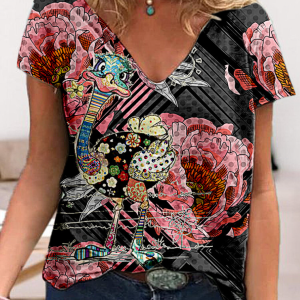 Casual Tees Tops V Neck Loose Women Short Sleeve(Flower Ostrich)