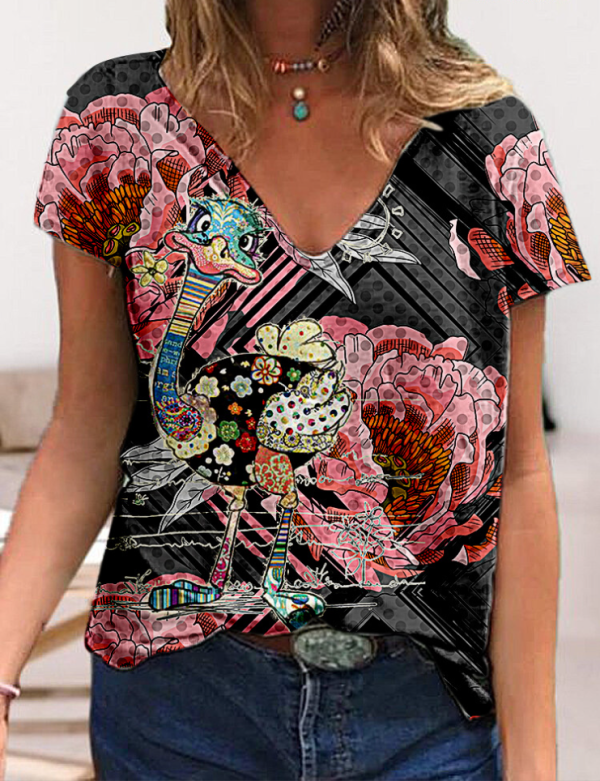 Casual Tees Tops V Neck Loose Women Short Sleeve(Flower Ostrich)