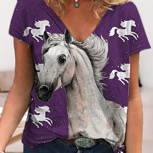 V-neck 3D Printing Tshirts For Women Girls Summer Short Sleeve(Cute Horse)