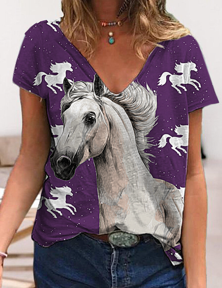 V-neck 3D Printing Tshirts For Women Girls Summer Short Sleeve(Cute Horse)