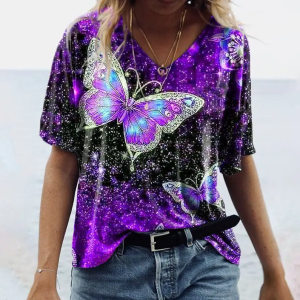 Plus Size Short Sleeve Butterfly Screen Print Embroidery Shiny Flash Women T Shirt Individual Polo Shirt