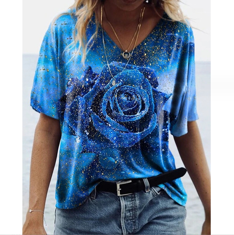 Plus Size Short Sleeve Butterfly Screen Print Embroidery Shiny Flash Women T Shirt Individual Polo Shirt(Blue Flower)