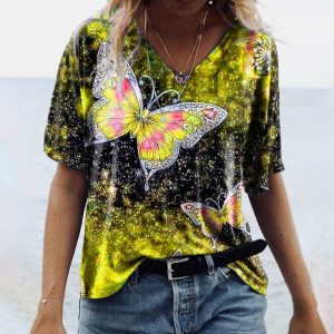 Women Short Sleeve Butterfly Screen Print Embroidery Shiny Flash Women T Shirt Individual Polo Shirt(butterfly)