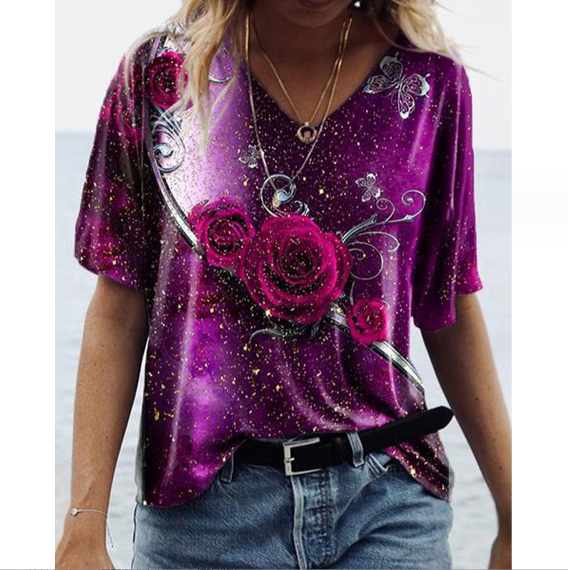 Women Short Sleeve Butterfly Screen Print Embroidery Shiny Flash Women T Shirt (Flower purple)