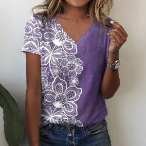 Short sleeve butterfly print T-shirt V-Neck women's top Casual Women clothing