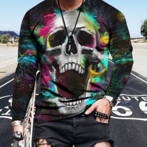 Cheap Men’s 3D Digital Skull Printing Long Sleeve Party Casual Social Shirt Top