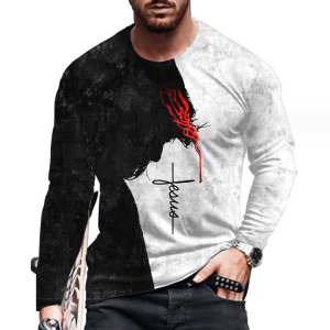 Cheap Men’s 3D Digital White and black Printing Long Sleeve Party Casual Social Shirt Top