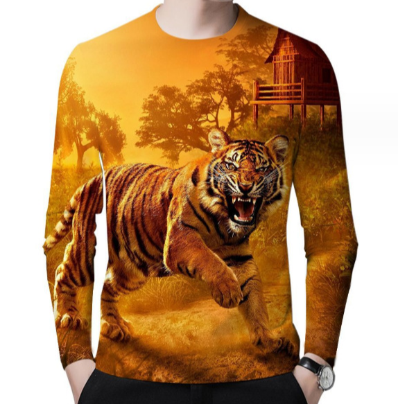 Autumn New Fashion Loose Men's Long-sleeved T-shirt 3d Digital Printing Round Neck Casual Office Street Shooting Animal T-shirt