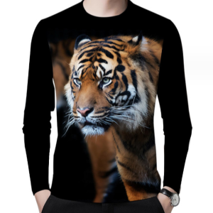 New Men's SportsT-shirt Tiger Plus Printing Men's T-shirt With Round Neck Black Color Long Sleeve