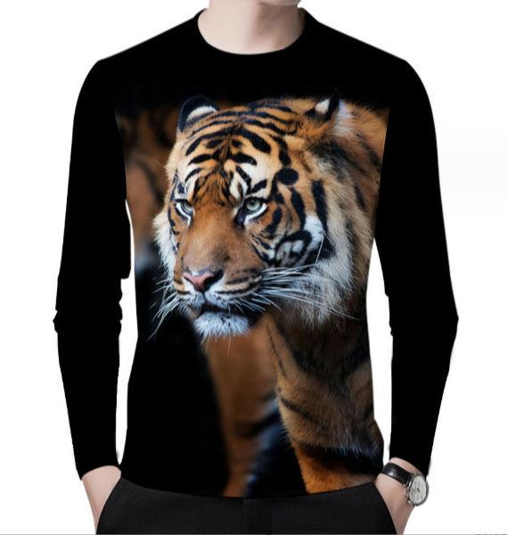 New Men's SportsT-shirt Tiger Plus Printing Men's T-shirt With Round Neck Black Color Long Sleeve