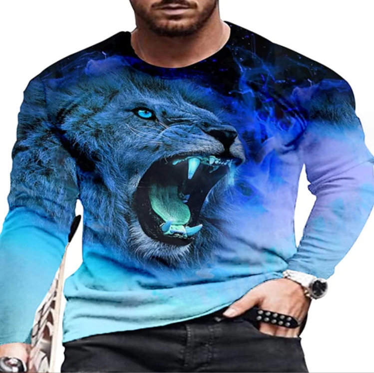 Men’s 3D Digital Arctic Lion Printing Long Sleeve Party Casual Social Shirt Top（Blue Color）