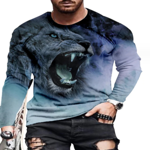 Men’s 3D Digital Angry Lion Head Printing Long Sleeve Party Casual Social Shirt Top（Dark Blue Color）