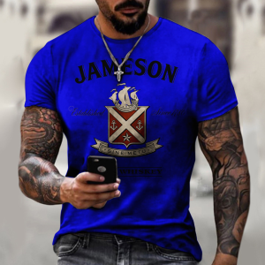 3D digital T-shirt printed with James Irish whiskey for men's casual sports 3D short sleeves (dark blue short sleeves)